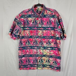 Rum Reggae Sailboat Coastal Beach Boho Buttoned Cotton Hawaiian Shirt sz L